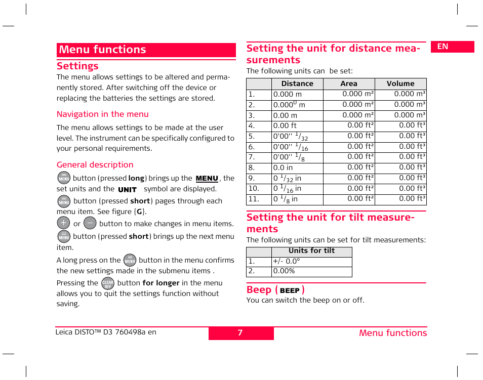 Menu functions, Settings, Setting the unit for distance mea- surements | Setting the unit for tilt measure- ments, Beep ( ) | Leica Geosystems Leica DISTO D3 User Manual | Page 11 / 26