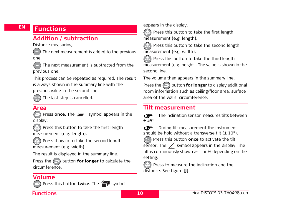 Functions, Addition / subtraction, Area | Volume, Tilt measurement | Leica Geosystems Leica DISTO D3 User Manual | Page 14 / 26