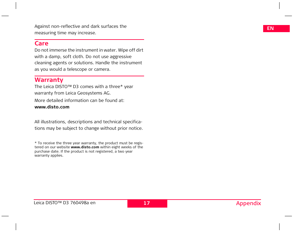 Care, Warranty | Leica Geosystems Leica DISTO D3 User Manual | Page 21 / 26