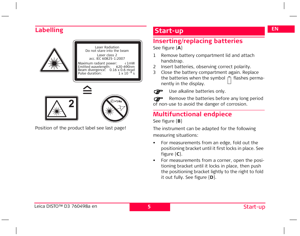 Start-up, Labelling, Inserting/replacing batteries | Multifunctional endpiece | Leica Geosystems Leica DISTO D3 User Manual | Page 9 / 26