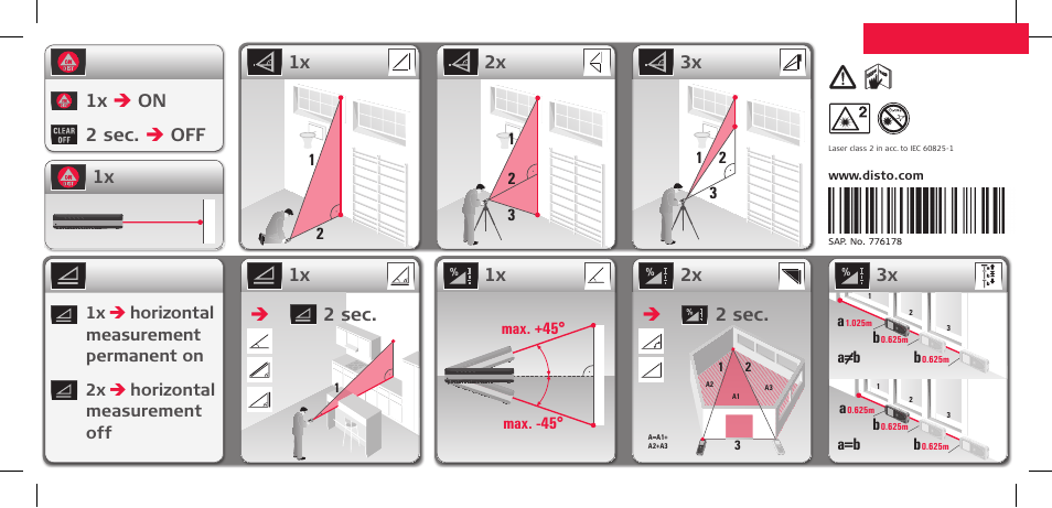 3x 2x  2 sec, 1x  2 sec, 1x  on | 2 sec.  off, 3x 2x 1x 1x | Leica Geosystems Leica DISTO D3a - Quickstart User Manual | Page 2 / 2