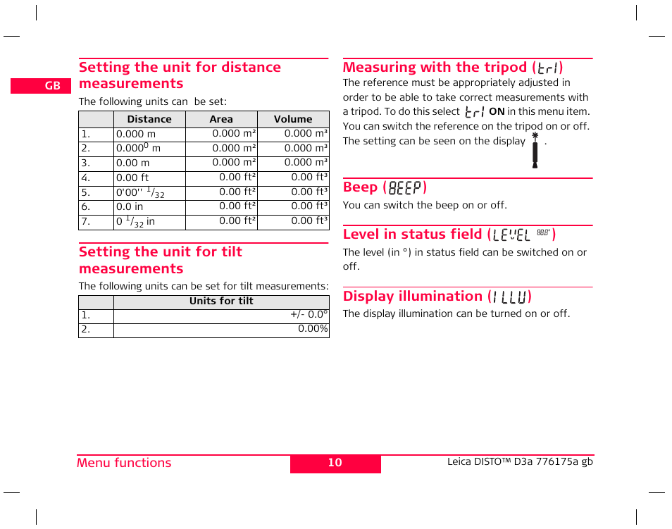 Setting the unit for distance measurements, Setting the unit for tilt measurements, Measuring with the tripod ( ) | Beep ( ), Level in status field ( ), Display illumination ( ) | Leica Geosystems Leica DISTO D3a - User Manual User Manual | Page 11 / 24