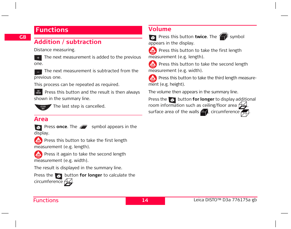 Functions, Addition / subtraction, Area | Volume | Leica Geosystems Leica DISTO D3a - User Manual User Manual | Page 15 / 24
