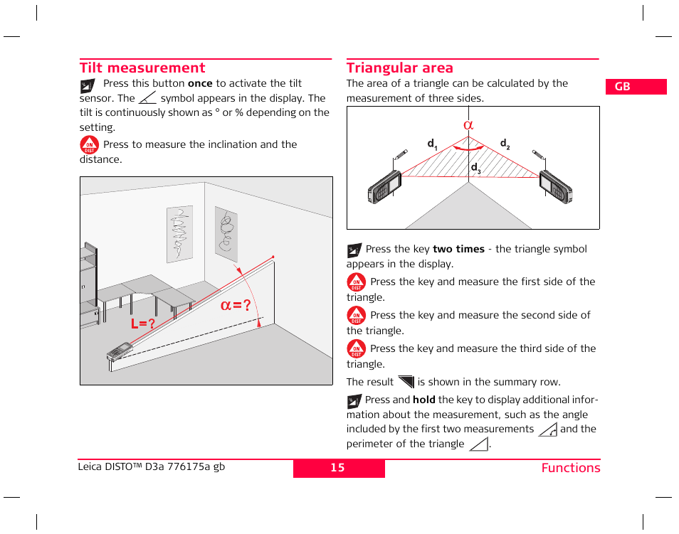 Tilt measurement, Triangular area | Leica Geosystems Leica DISTO D3a - User Manual User Manual | Page 16 / 24