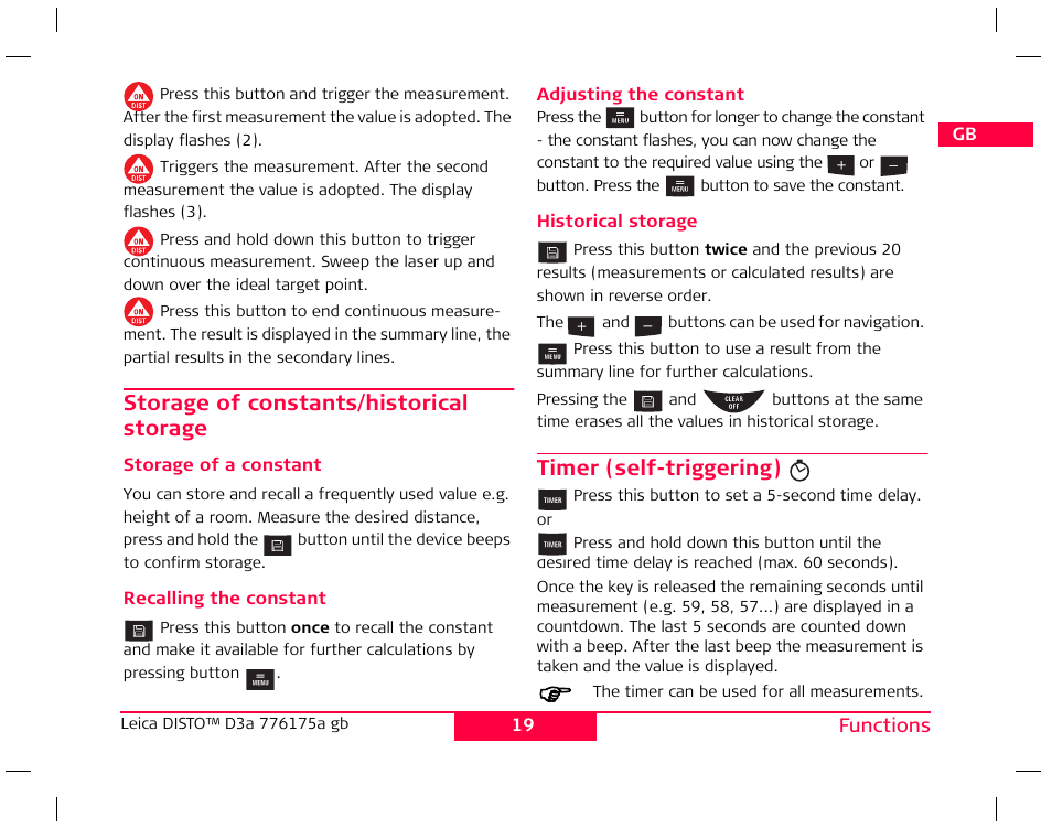 Storage of constants/historical storage, Timer (self-triggering) | Leica Geosystems Leica DISTO D3a - User Manual User Manual | Page 20 / 24