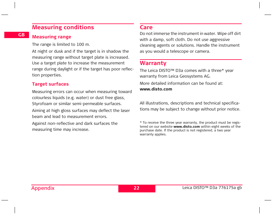 Leica Geosystems Leica DISTO D3a - User Manual User Manual | Page 23 / 24