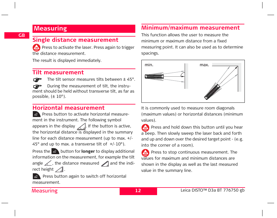 Measuring | Leica Geosystems Leica DISTO D3a BT User Manual | Page 12 / 25