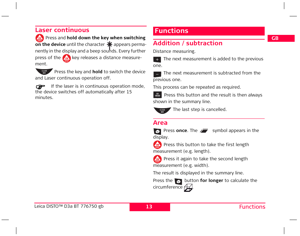 Functions, Laser continuous, Addition / subtraction | Area | Leica Geosystems Leica DISTO D3a BT User Manual | Page 13 / 25