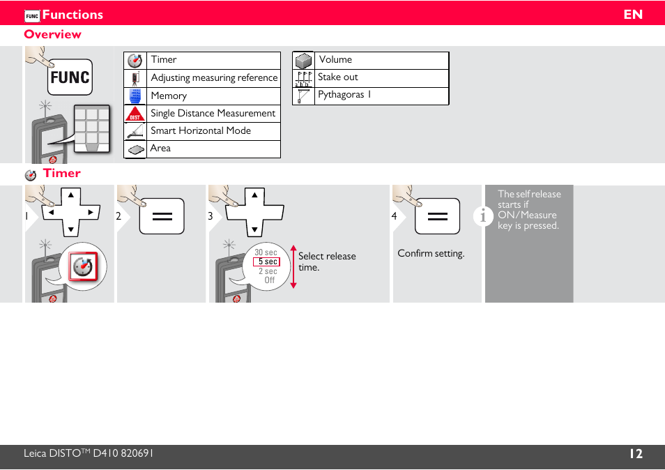 Functions, Overview, Timer | 12 en functions | Leica Geosystems Leica DISTO D410 - Manual User Manual | Page 13 / 24