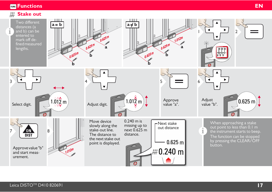 Stake out, 240 m, 625 m | Leica Geosystems Leica DISTO D410 - Manual User Manual | Page 18 / 24