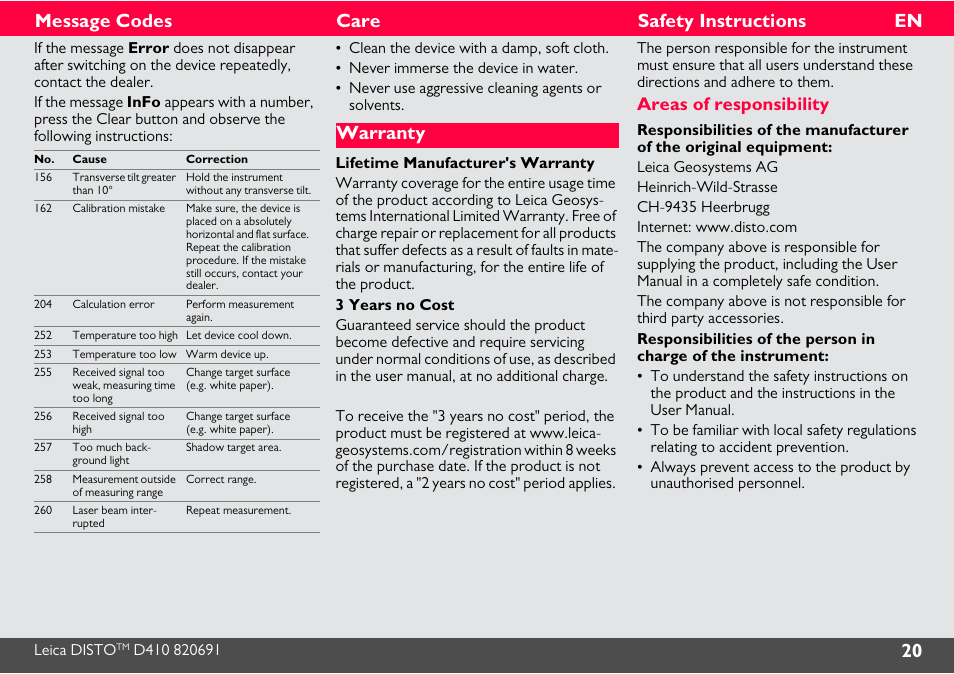 Message codes, Care, Warranty | Safety instructions, Areas of responsibility, 20 en message codes | Leica Geosystems Leica DISTO D410 - Manual User Manual | Page 21 / 24