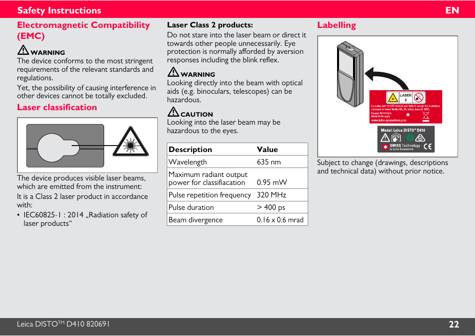 Electromagnetic compatibility (emc), Laser classification, Labelling | Leica Geosystems Leica DISTO D410 - Manual User Manual | Page 23 / 24