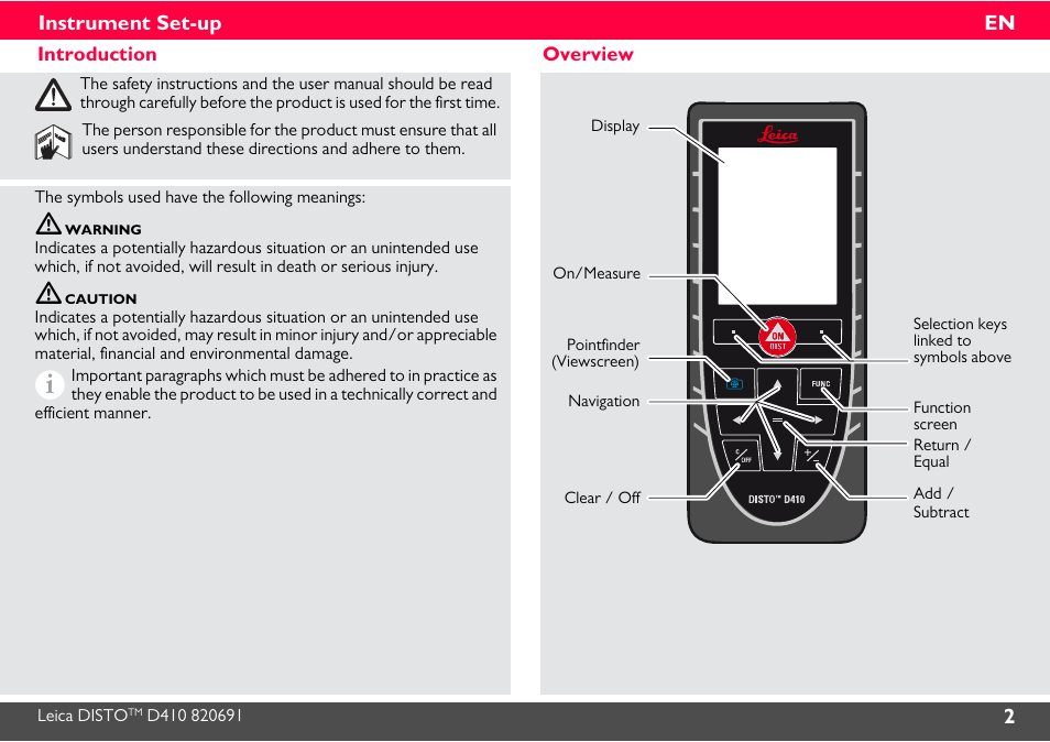Instrument set-up, Introduction, Overview | Leica Geosystems Leica DISTO D410 - Manual User Manual | Page 3 / 24
