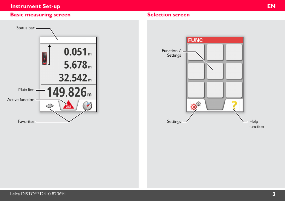 Basic measuring screen, Selection screen | Leica Geosystems Leica DISTO D410 - Manual User Manual | Page 4 / 24