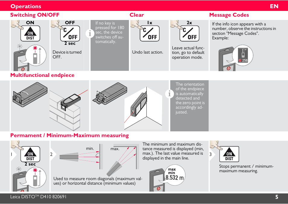 Operations, Switching on/off, Clear | Message codes, Multifunctional endpiece, Permament / minimum-maximum measuring | Leica Geosystems Leica DISTO D410 - Manual User Manual | Page 6 / 24