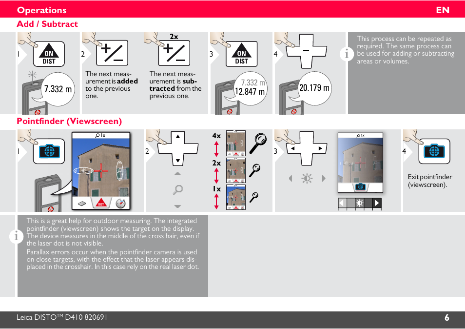 Add / subtract, Pointfinder (viewscreen), 6en operations | 332 m, 847 m, 179 m | Leica Geosystems Leica DISTO D410 - Manual User Manual | Page 7 / 24