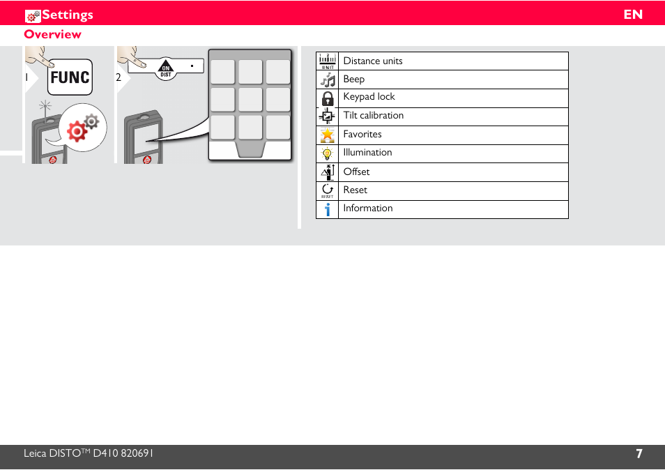 Settings, Overview, 7en settings | Leica Geosystems Leica DISTO D410 - Manual User Manual | Page 8 / 24