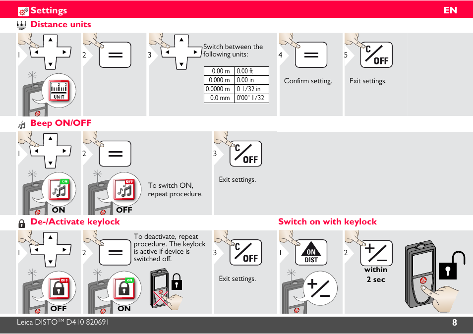 Distance units, Beep on/off, De-/activate keylock | Switch on with keylock, 8en settings | Leica Geosystems Leica DISTO D410 - Manual User Manual | Page 9 / 24