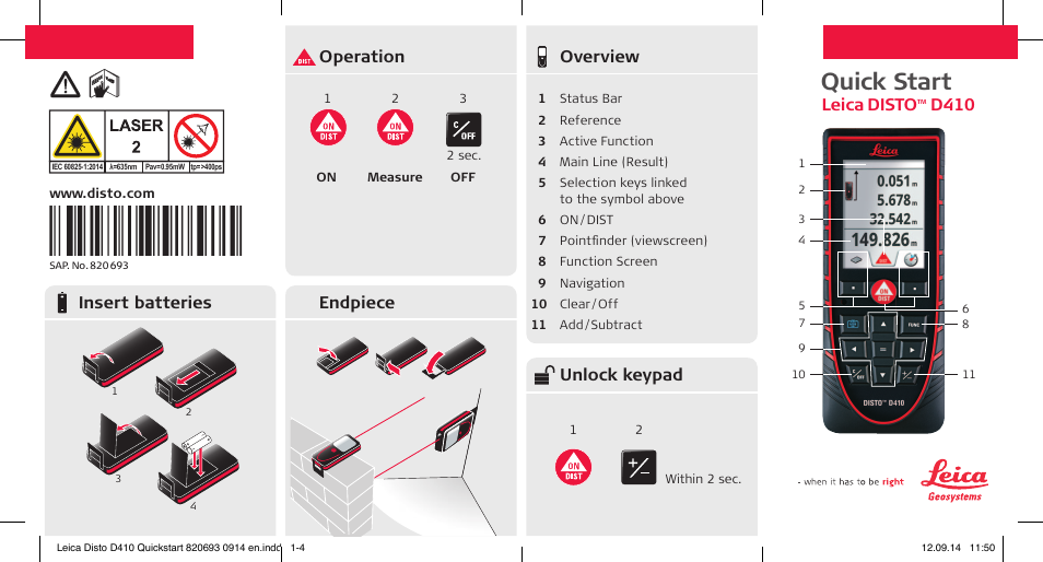 Leica Geosystems Leica DISTO D410 - Quickstart User Manual | 2 pages