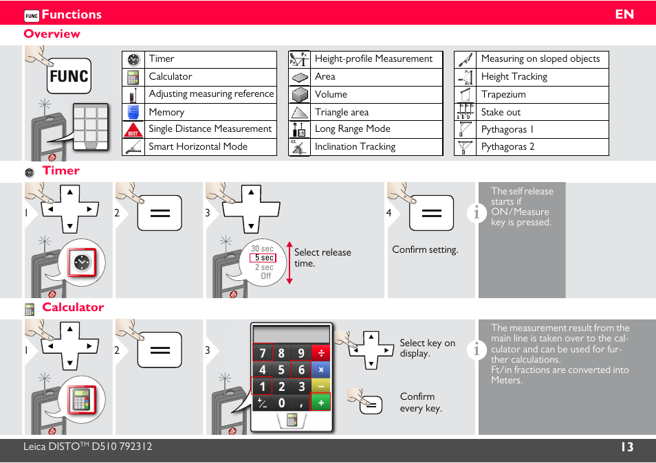 Functions, Overview, Timer | Calculator | Leica Geosystems Leica DISTO D510 - Manual User Manual | Page 14 / 31