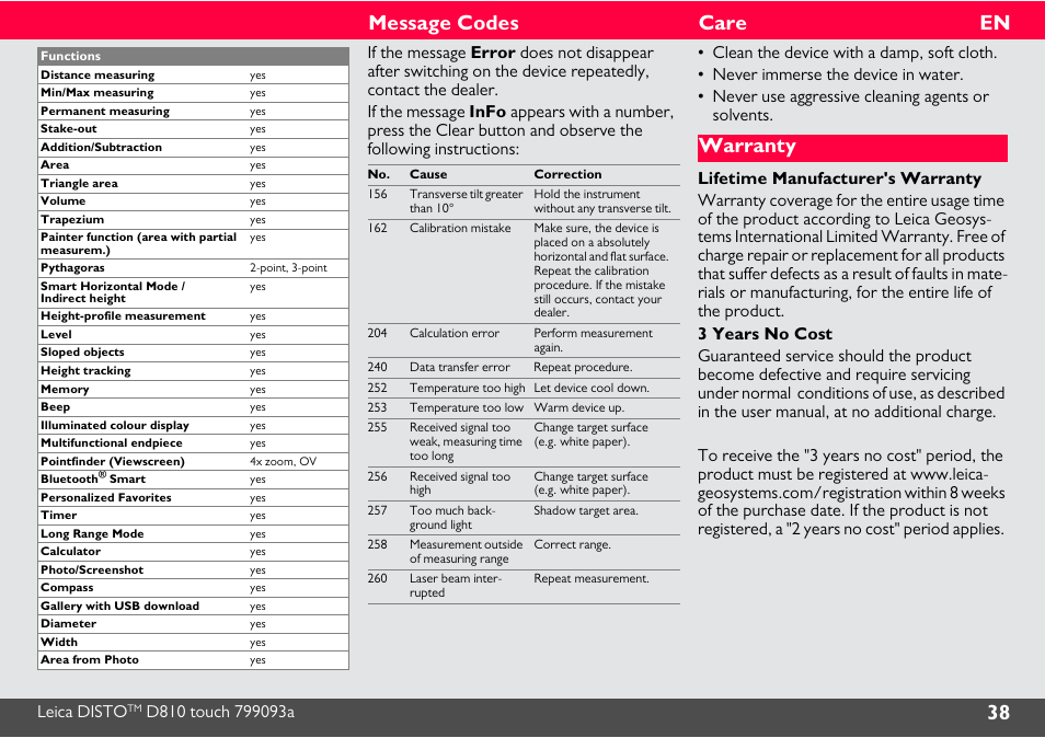 Message codes, Care, Warranty | 38 en message codes | Leica Geosystems Leica DISTO D810 touch - Manual User Manual | Page 39 / 44