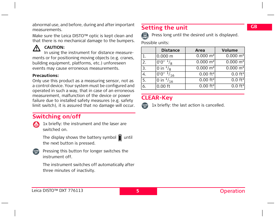 Switching on/off, Setting the unit, Clear-key | Leica Geosystems Leica DISTO DXT User Manual | Page 6 / 16