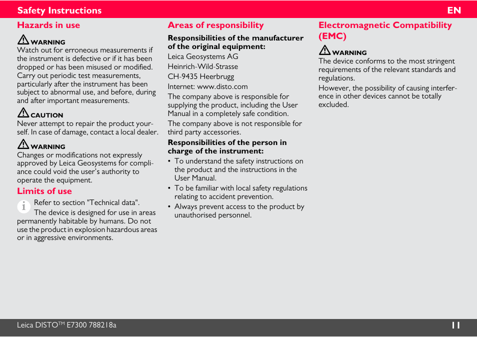 Hazards in use, Limits of use, Areas of responsibility | Electromagnetic compatibility (emc) | Leica Geosystems Leica DISTO E7300 User Manual | Page 12 / 14