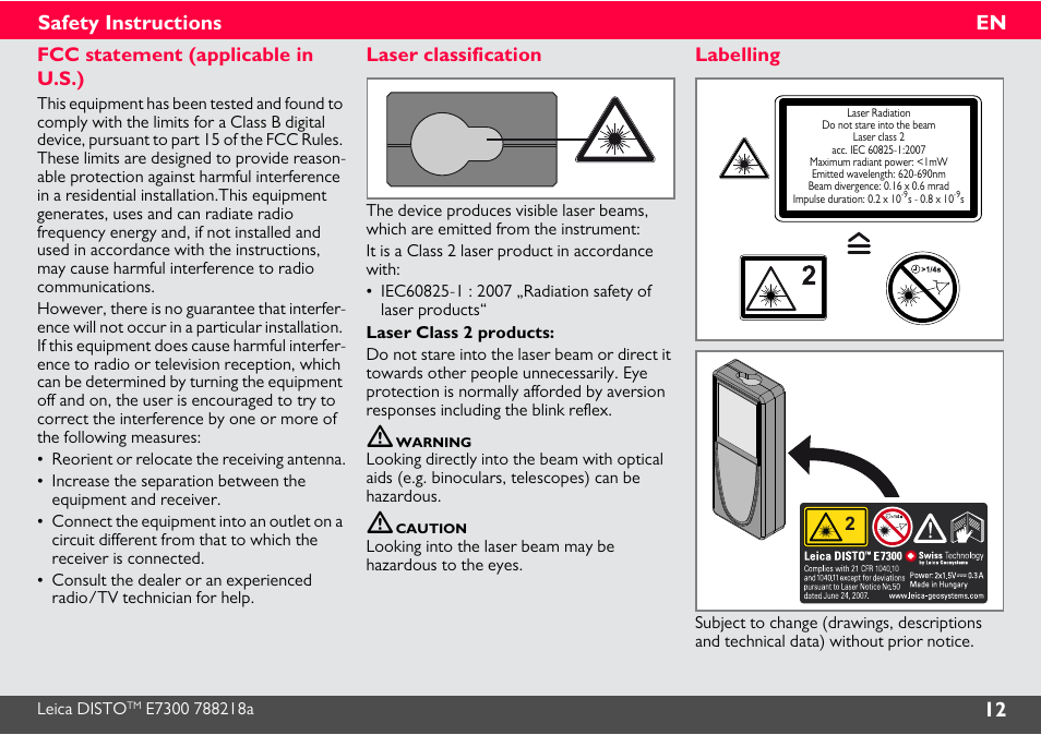 Fcc statement (applicable in u.s.), Laser classification, Labelling | 12 en safety instructions | Leica Geosystems Leica DISTO E7300 User Manual | Page 13 / 14