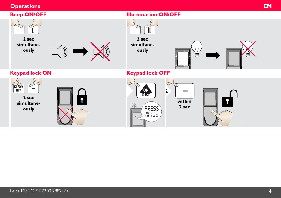 Beep on/off, Illumination on/off, Keypad lock on | Keypad lock off, Press minus | Leica Geosystems Leica DISTO E7300 User Manual | Page 5 / 14