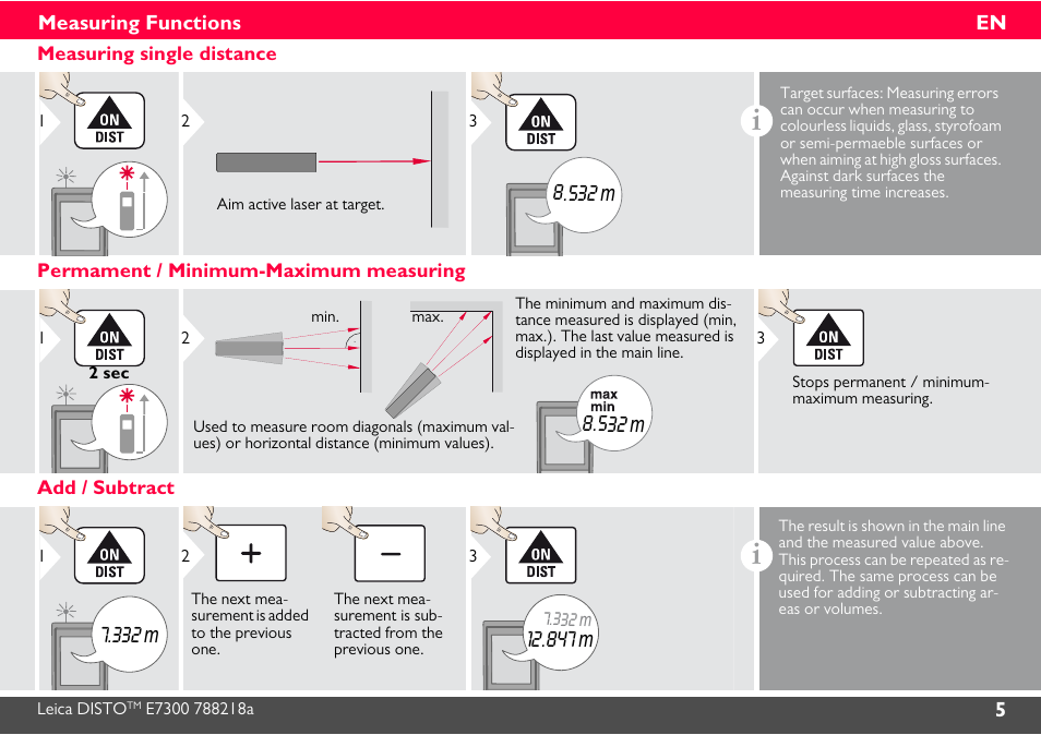 Measuring functions, Measuring single distance, Permament / minimum-maximum measuring | Add / subtract, 532 m, 332 m, 847 m | Leica Geosystems Leica DISTO E7300 User Manual | Page 6 / 14