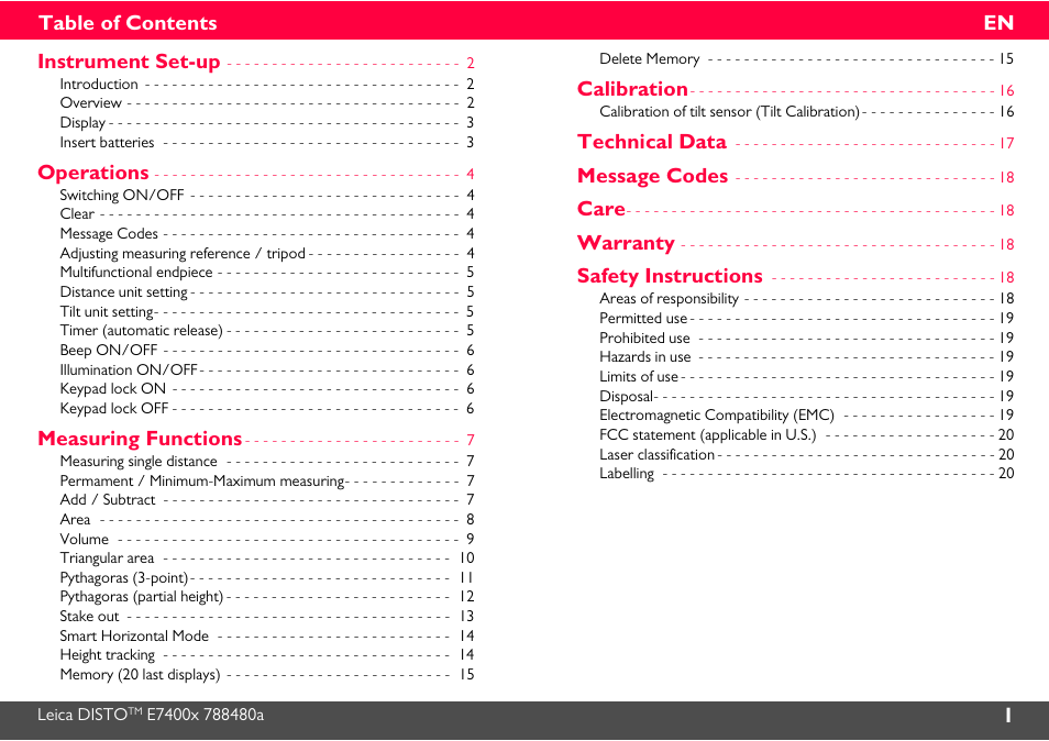 Instrument set-up 2, Introduction 2, Overview 2 | Display 3, Insert batteries 3, Operations 4, Switching on/off 4, Clear 4, Message codes 4, Adjusting measuring reference / tripod 4 | Leica Geosystems Leica DISTO E7400x User Manual | Page 2 / 22