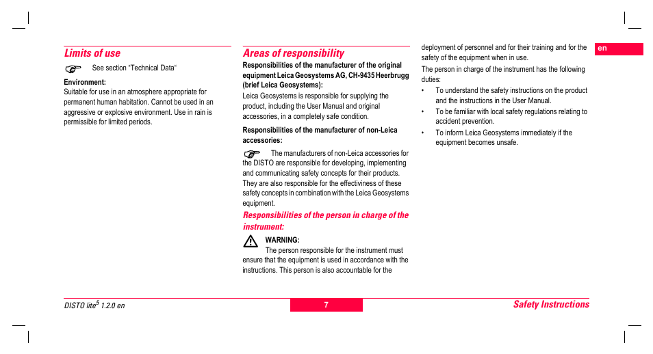 Limits of use, Environment, Areas of responsibility | Leica Geosystems Leica DISTO lite5 User Manual | Page 7 / 12
