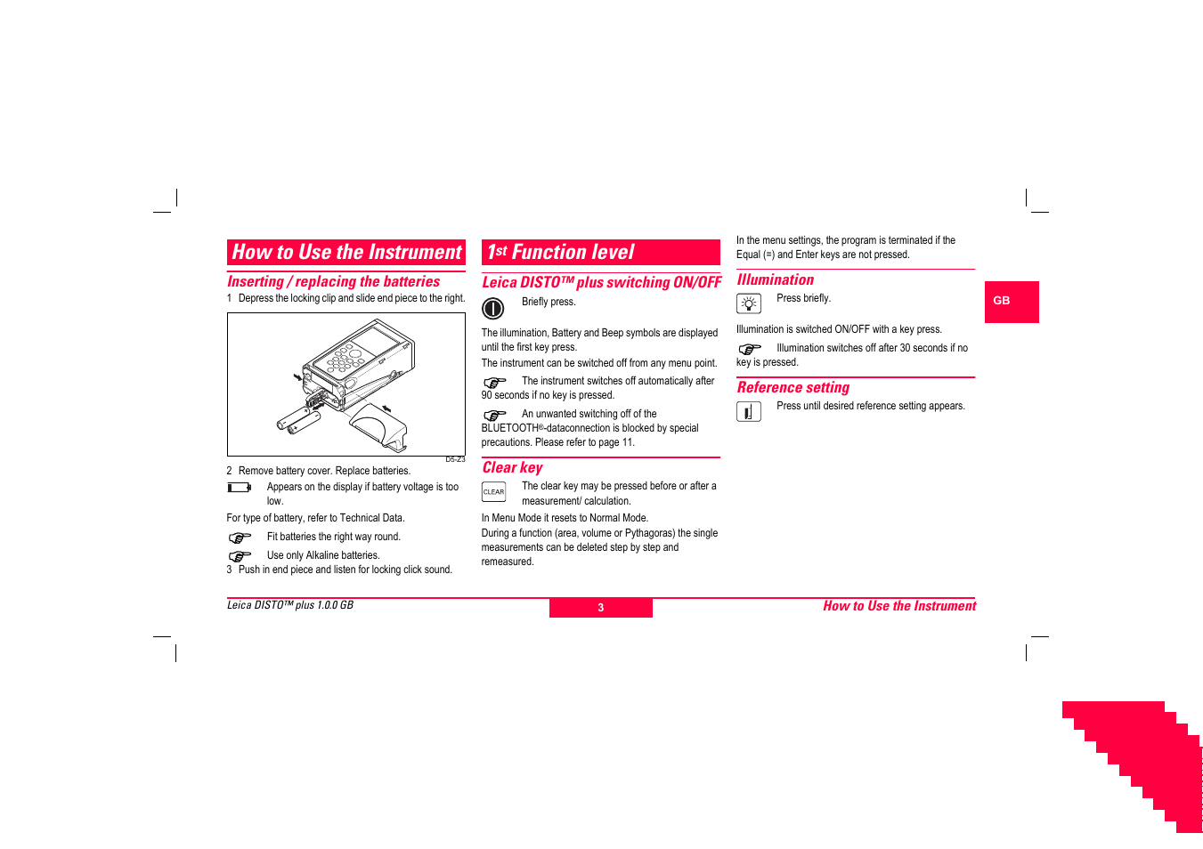 How to use the instrument, Inserting / replacing the batteries, 1st function level | Leica disto™ plus switching on/off, Clear key, Illumination, Reference setting, Function level | Leica Geosystems Leica DISTO plus - Manual User Manual | Page 4 / 16