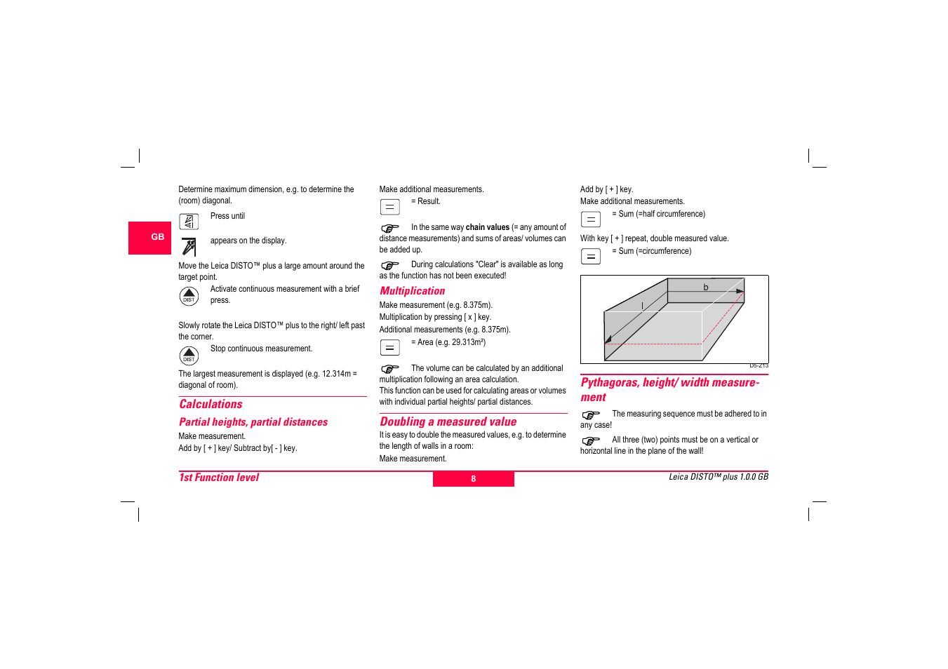 Calculations, Partial heights, partial distances, Multiplication | Doubling a measured value, Pythagoras, height/ width measure ment | Leica Geosystems Leica DISTO plus - Manual User Manual | Page 9 / 16