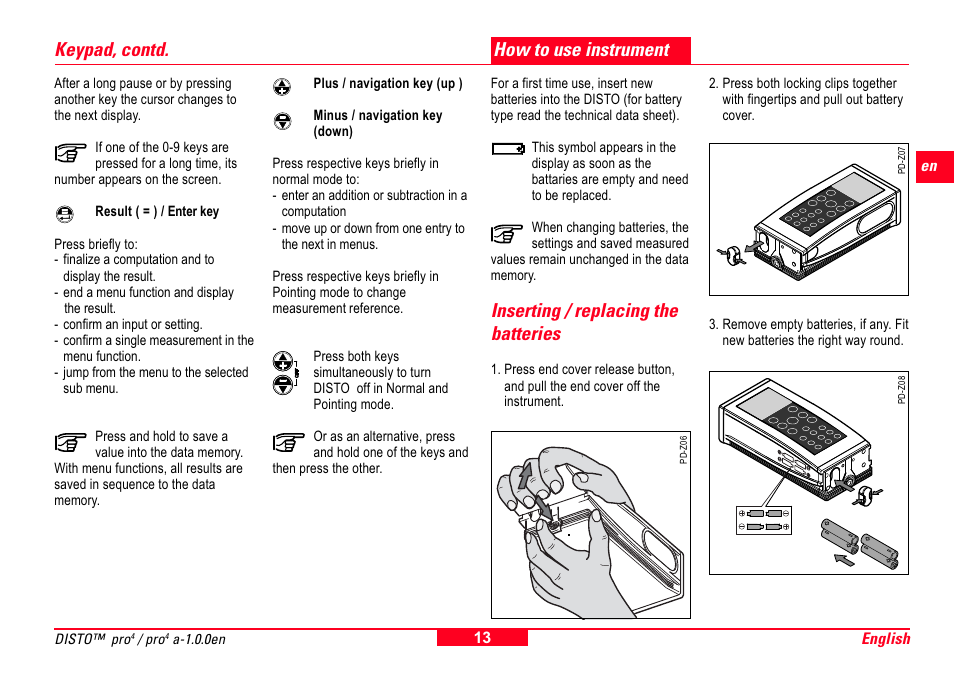 Inserting / replacing the batteries, How to use instrument, Keypad, contd. how to use instrument | Leica Geosystems Leica DISTO Pro User Manual | Page 11 / 60