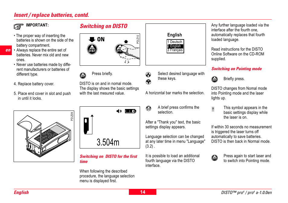 Switching on disto, Switching on disto for the first time, Switching on pointing mode | 504m, Insert / replace batteries, contd | Leica Geosystems Leica DISTO Pro User Manual | Page 12 / 60