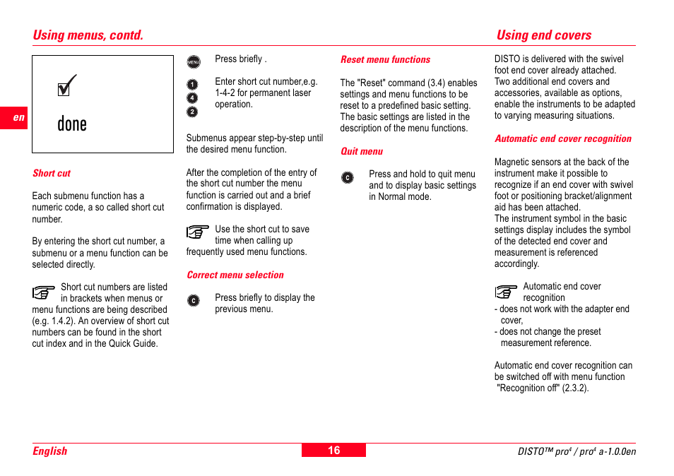 Short cut, Correct menu selection, Reset menu functions | Quit menu, Using end covers, Automatic end cover recognition, Done, Using menus, contd | Leica Geosystems Leica DISTO Pro User Manual | Page 14 / 60