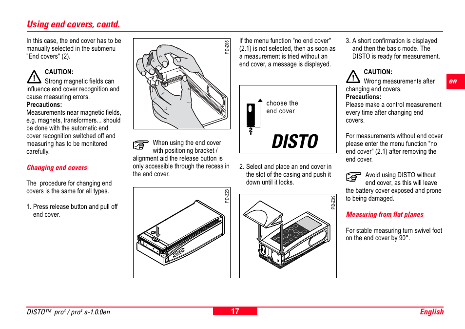Changing end covers, Measuring from flat planes, Disto | Using end covers, contd | Leica Geosystems Leica DISTO Pro User Manual | Page 15 / 60