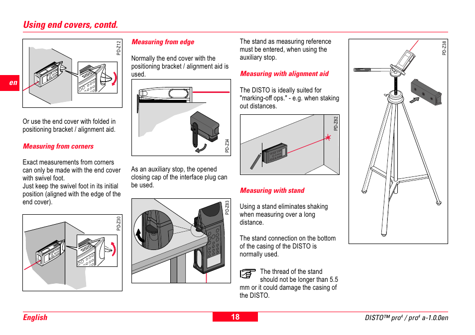 Measuring from corners, Measuring from edge, Measuring with stand | Measuring with alignment aid, Using end covers, contd | Leica Geosystems Leica DISTO Pro User Manual | Page 16 / 60