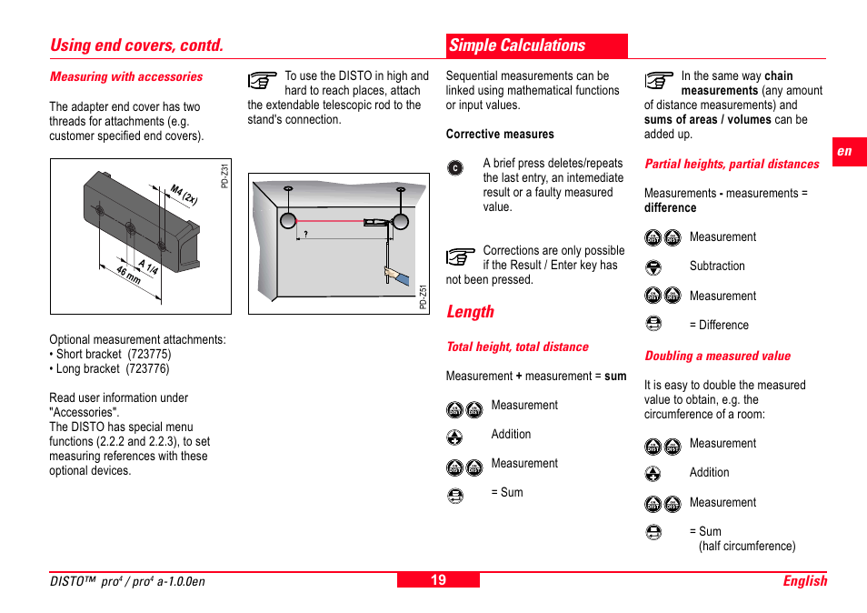 Measuring with accessories, Simple calculations, Length | Partial heights, partial distances, Doubling a measured value, Total height, total distance, Using end covers, contd | Leica Geosystems Leica DISTO Pro User Manual | Page 17 / 60