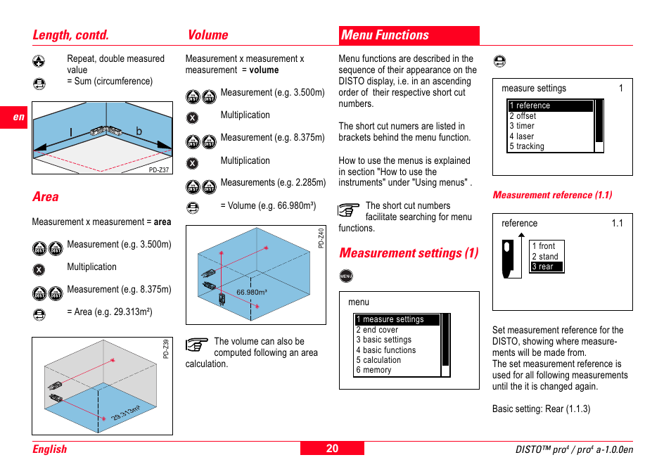 Area, Volume, Menu functions | Measurement settings (1) 20, Measurement reference (1.1), Measurement settings (1), Length, contd | Leica Geosystems Leica DISTO Pro User Manual | Page 18 / 60
