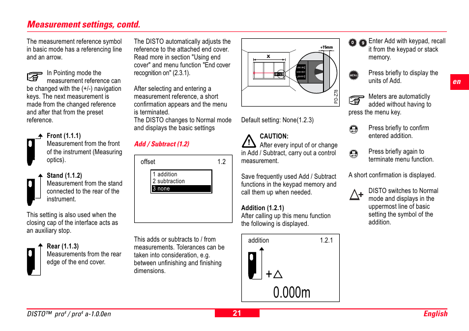 Add / subtract (1.2), 000m, Measurement settings, contd | Leica Geosystems Leica DISTO Pro User Manual | Page 19 / 60