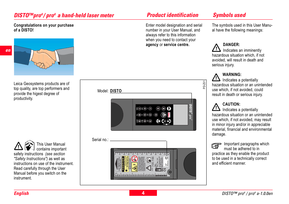 Product identification, Symbols used, Product identification disto | A hand-held laser meter | Leica Geosystems Leica DISTO Pro User Manual | Page 2 / 60