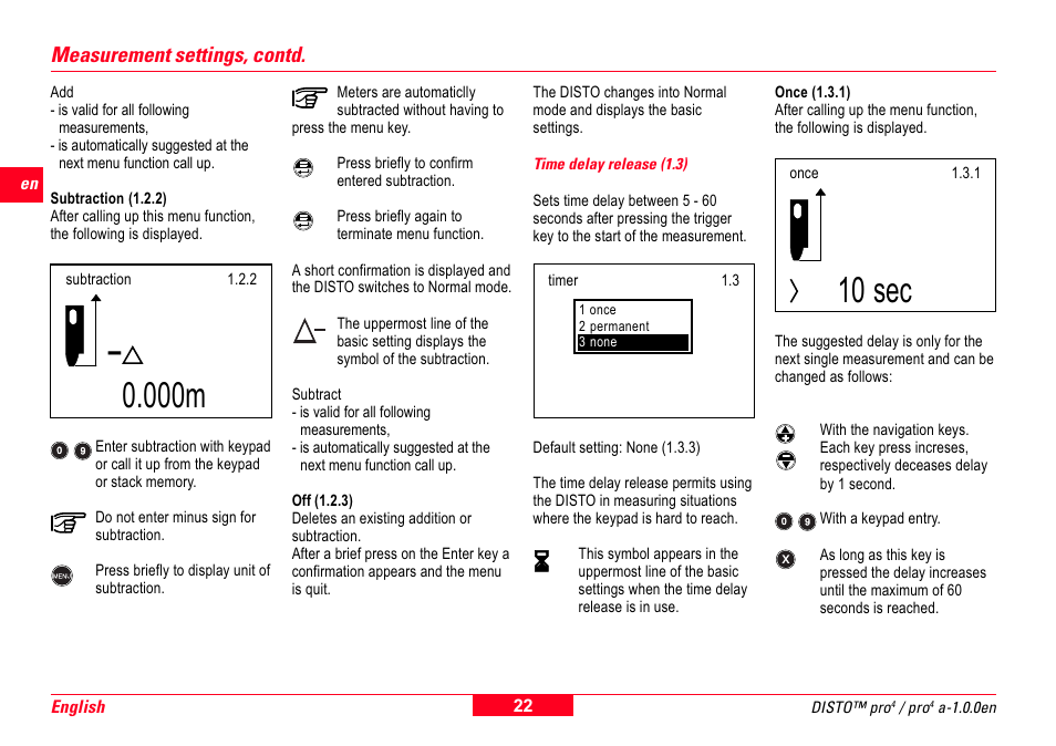 Time delay release (1.3), 10 sec, 000m | Measurement settings, contd | Leica Geosystems Leica DISTO Pro User Manual | Page 20 / 60