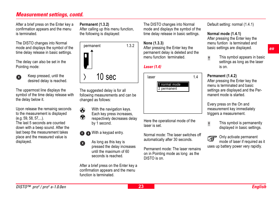 Laser (1.4), 10 sec, Measurement settings, contd | Leica Geosystems Leica DISTO Pro User Manual | Page 21 / 60