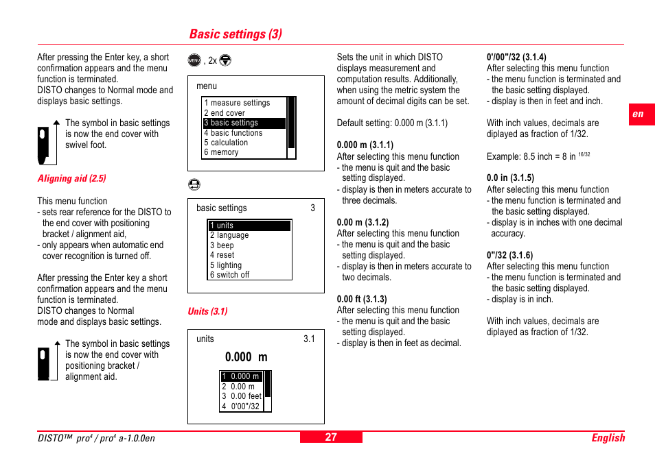 Alignment aid (2.5), Basic settings (3), Units (3.1) | 000 m | Leica Geosystems Leica DISTO Pro User Manual | Page 25 / 60