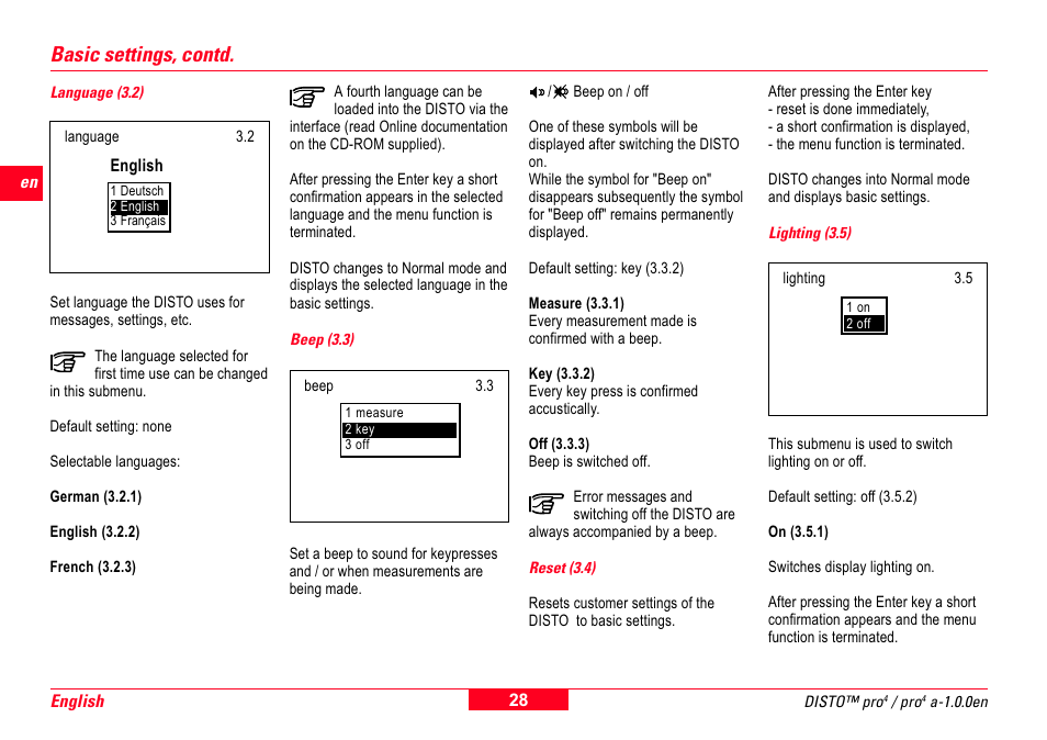 Language (3.2), Beep (3.3), Reset (3.4) | Lighting (3.5), Basic settings, contd | Leica Geosystems Leica DISTO Pro User Manual | Page 26 / 60