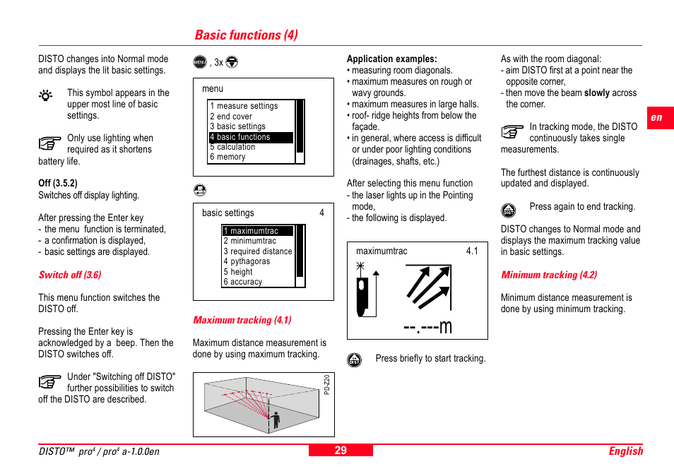 Switch off (3.6), Basic functions (4), Maximum tracking (4.1) | Minimum tracking (4.2) | Leica Geosystems Leica DISTO Pro User Manual | Page 27 / 60