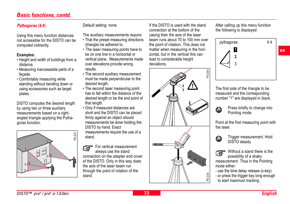Pythagoras (4.4), Basic functions, contd | Leica Geosystems Leica DISTO Pro User Manual | Page 31 / 60