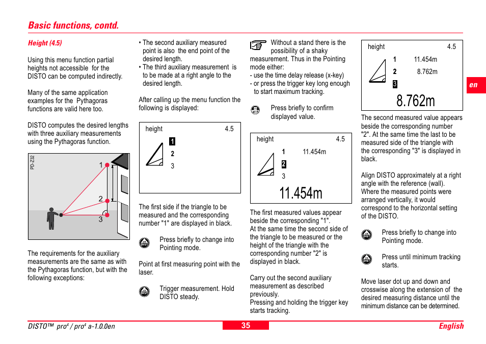 Height (4.5), 454m, 762m | Basic functions, contd | Leica Geosystems Leica DISTO Pro User Manual | Page 33 / 60